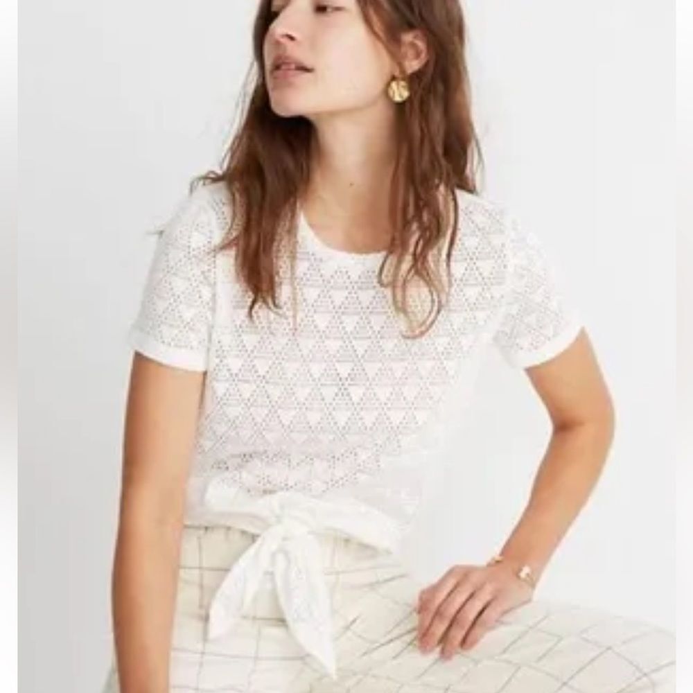 Madewell Texture & Thread Laser Cut Geometric Pattern Tie Front White Top XL